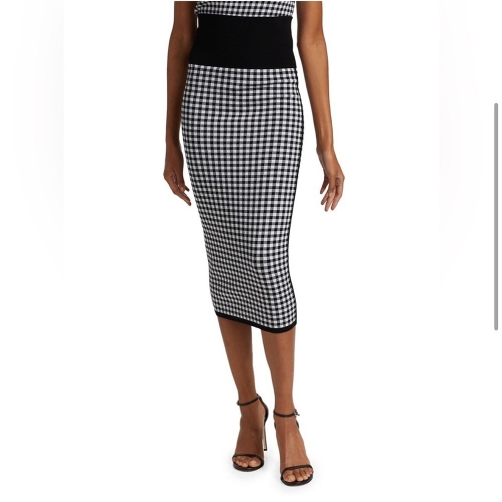 Michael Kors Collection Gingham Knit Pencil Midi Skirt Italian Yarn Black White